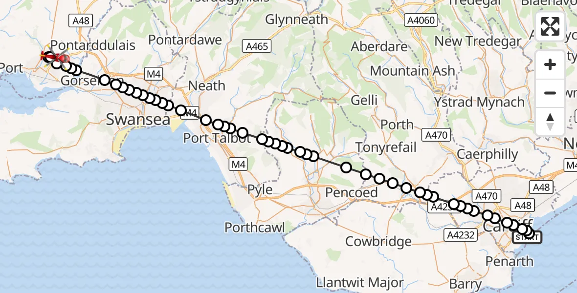 Flight route Air Ambulance Helicopter Cardiff Heliport - Dafen, 24 September 2026, 06:46