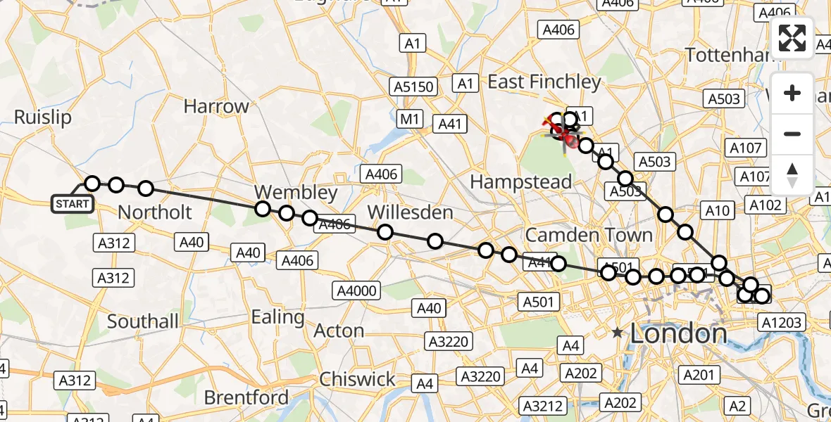 Flight route Air Ambulance Helicopter RAF Northolt - Haringey, 24 September 2026, 07:05