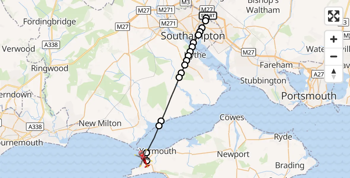 Flight route Air Ambulance Helicopter Southampton Airport - Freshwater, 24 September 2026, 07:25