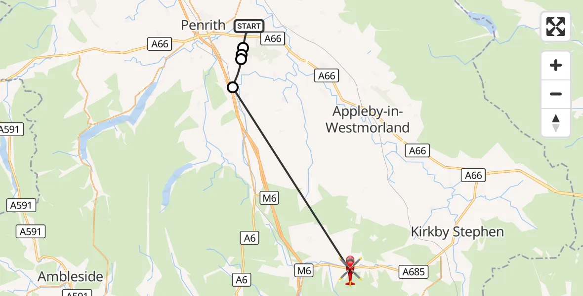 Flight route Air Ambulance Helicopter Brougham - Ravenstonedale, 24 September 2026, 07:55