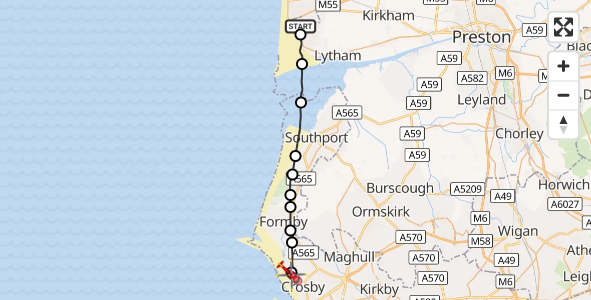 Flight route Air Ambulance Helicopter Blackpool Airport - Little Crosby, 24 September 2026, 08:21