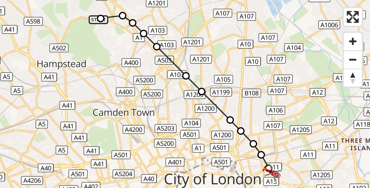 Flight route Air Ambulance Helicopter Highgate School - Royal London Hospital, 24 September 2026, 08:28