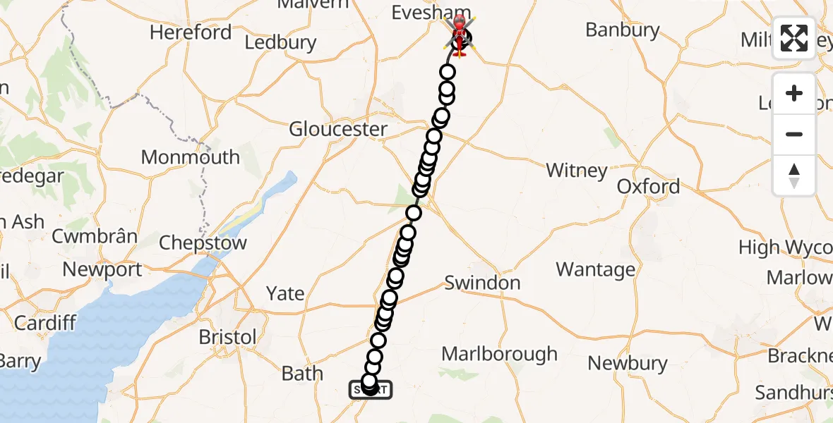 Flight route Air Ambulance Helicopter Wiltshire Air Ambulance - Broadway, 24 September 2026, 08:35