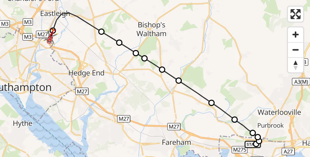 Flight route Air Ambulance Helicopter Queen Alexandra Hospital - Southampton Airport, 24 September 2026, 08:53