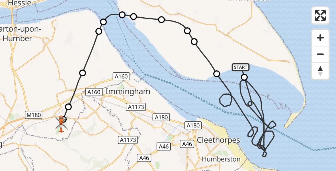 Flight route Coastguard Helicopter Welwick - Humberside Airport, 24 September 2026, 09:06