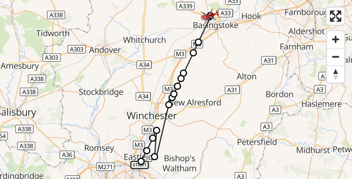Flight route Air Ambulance Helicopter Southampton Airport - Basingstoke, 24 September 2026, 09:30
