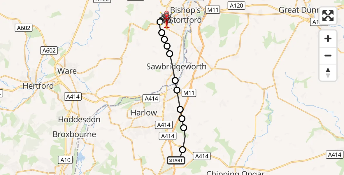 Flight route Air Ambulance Helicopter North Weald Airfield - Bishop's Stortford, 24 September 2026, 09:41