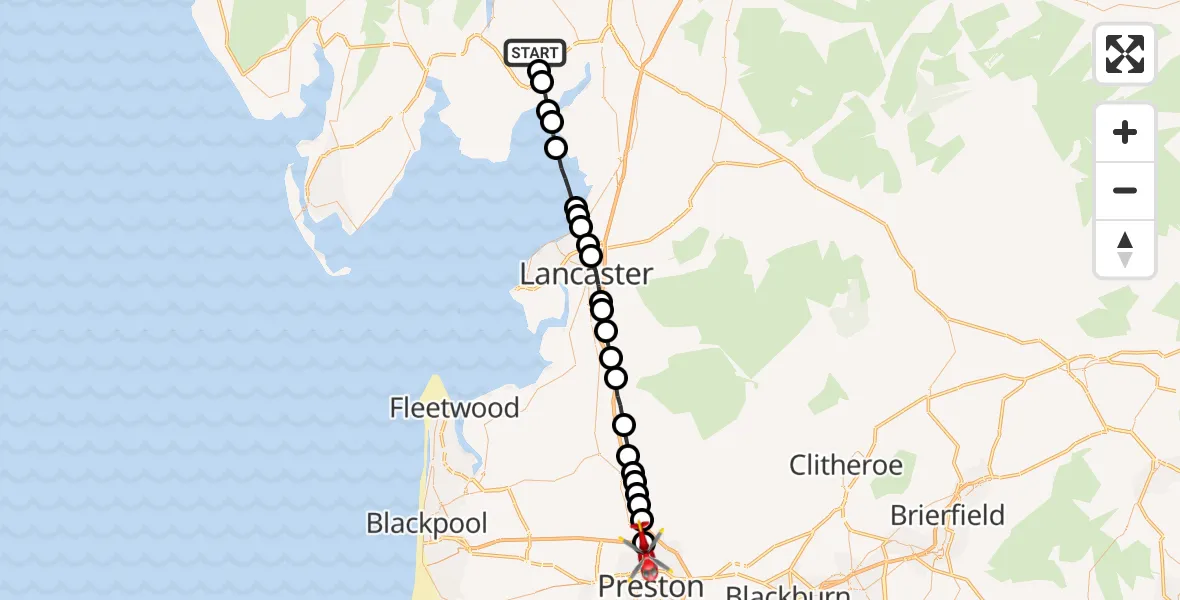 Flight route Air Ambulance Helicopter Witherslack - Preston, 24 September 2026, 09:48