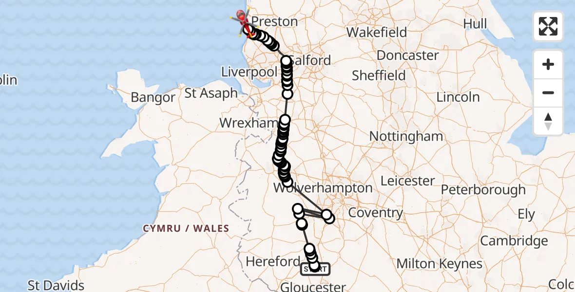Flight route Air Ambulance Helicopter Longdon - Fylde, 24 September 2026, 10:12