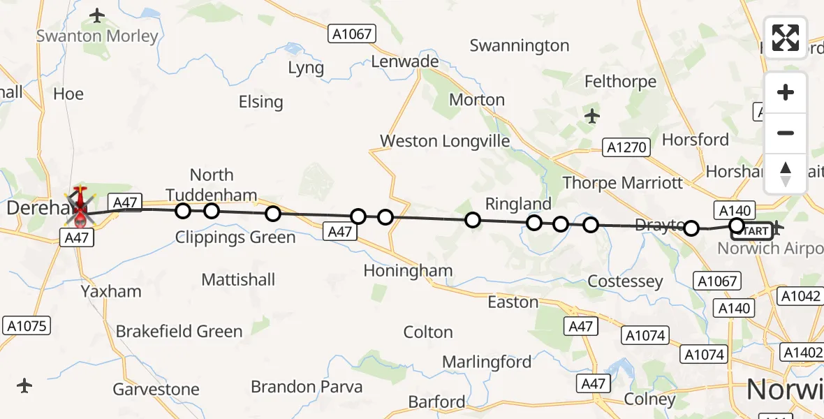 Flight route Air Ambulance Helicopter Norwich Airport - Dereham, 24 September 2026, 10:15