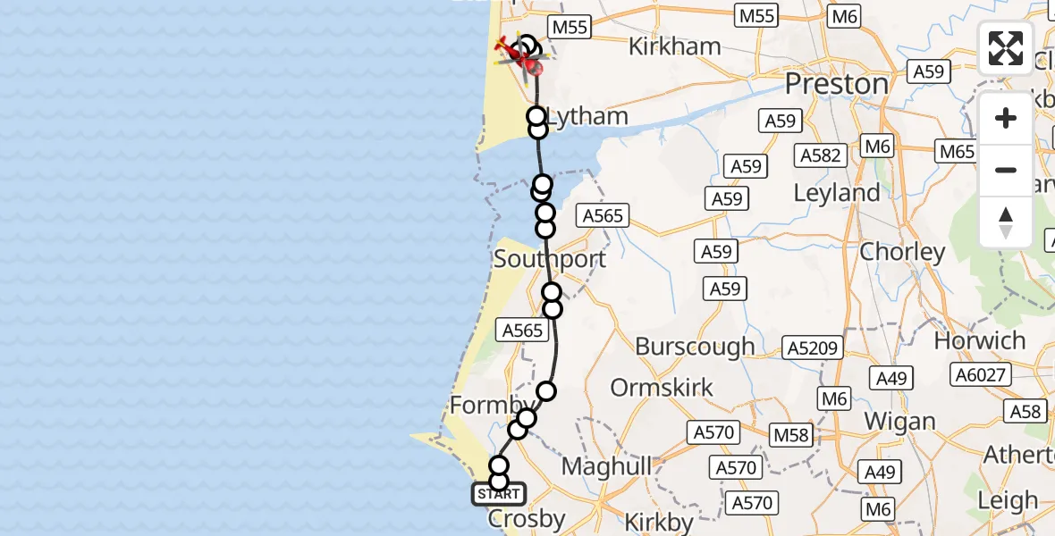 Flight route Air Ambulance Helicopter Little Crosby - Blackpool Airport, 24 September 2026, 10:19