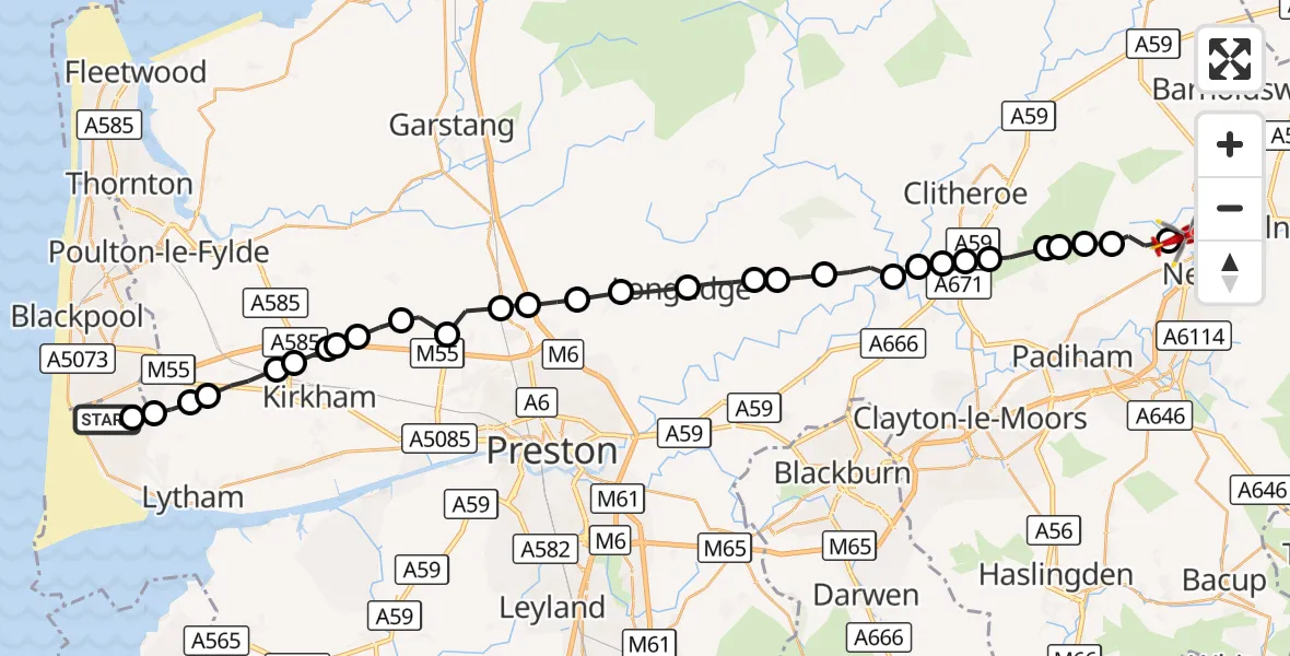 Flight route Air Ambulance Helicopter Blackpool Airport - Roughlee, 24 September 2026, 10:31
