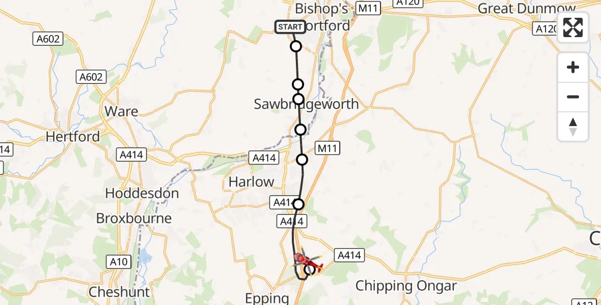 Flight route Air Ambulance Helicopter Bishop's Stortford - North Weald Airfield, 24 September 2026, 10:42