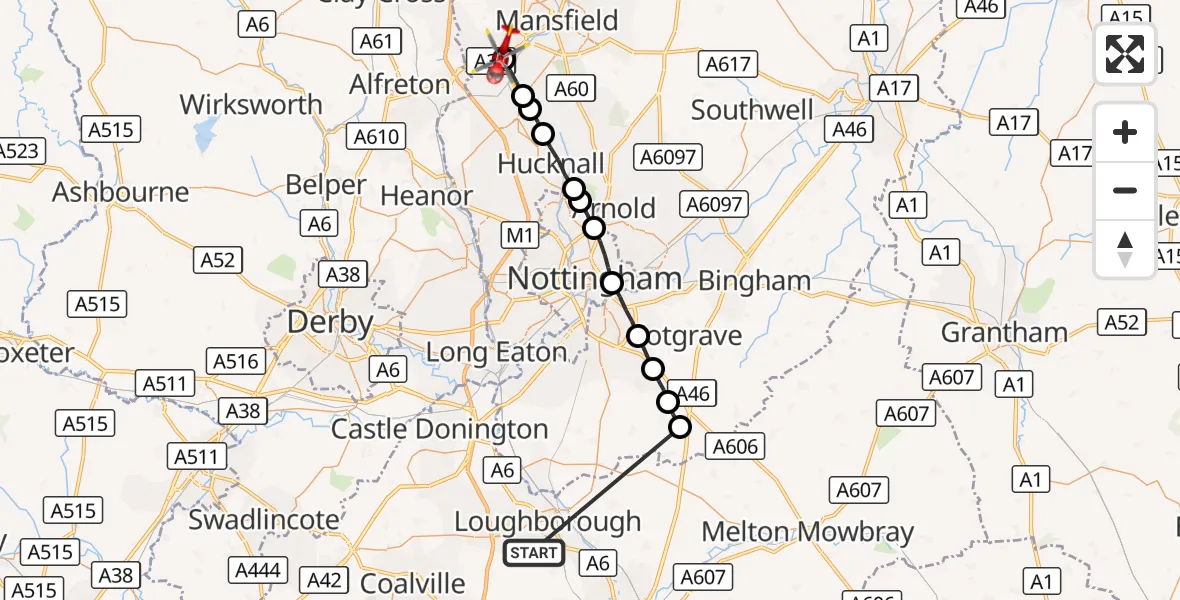 Flight route Air Ambulance Helicopter Loughborough - Sutton in Ashfield, 24 September 2026, 10:45