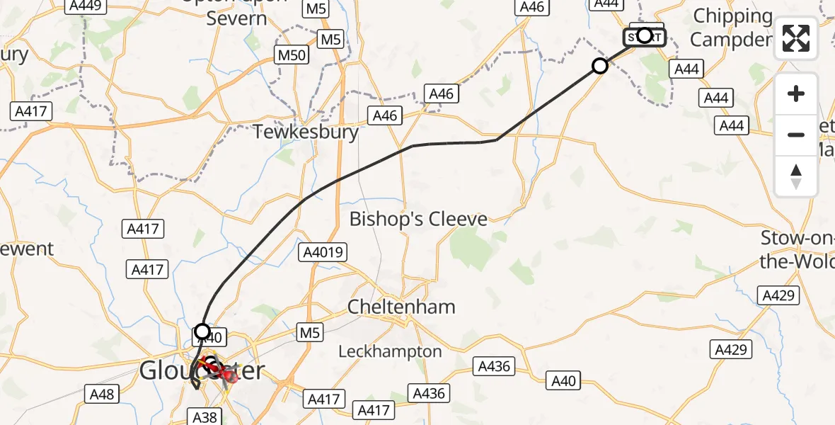 Flight route Air Ambulance Helicopter Broadway - Gloucester, 24 September 2026, 10:46