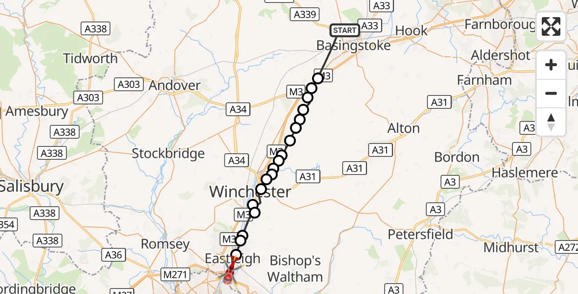 Flight route Air Ambulance Helicopter Basingstoke - Southampton Airport, 24 September 2026, 11:10