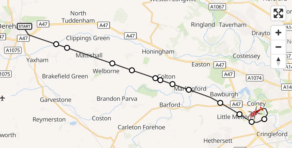 Flight route Air Ambulance Helicopter Dereham - Colney, 24 September 2026, 11:12