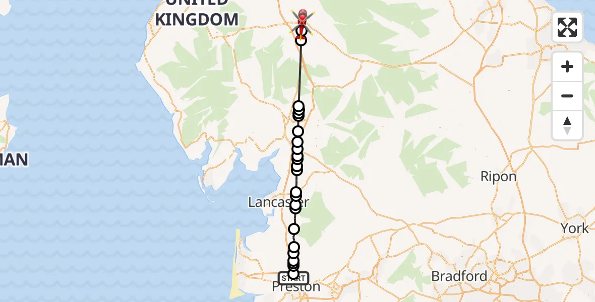 Flight route Air Ambulance Helicopter Preston - Brougham, 24 September 2026, 11:20