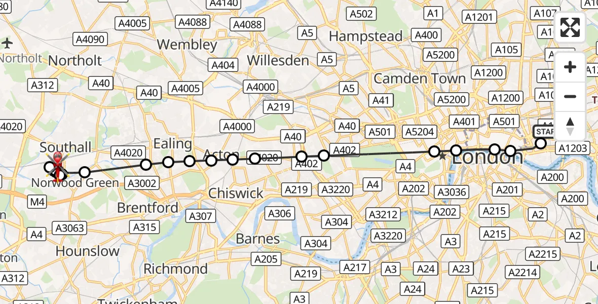 Flight route Air Ambulance Helicopter Royal London Hospital - Ealing, 24 September 2026, 11:21