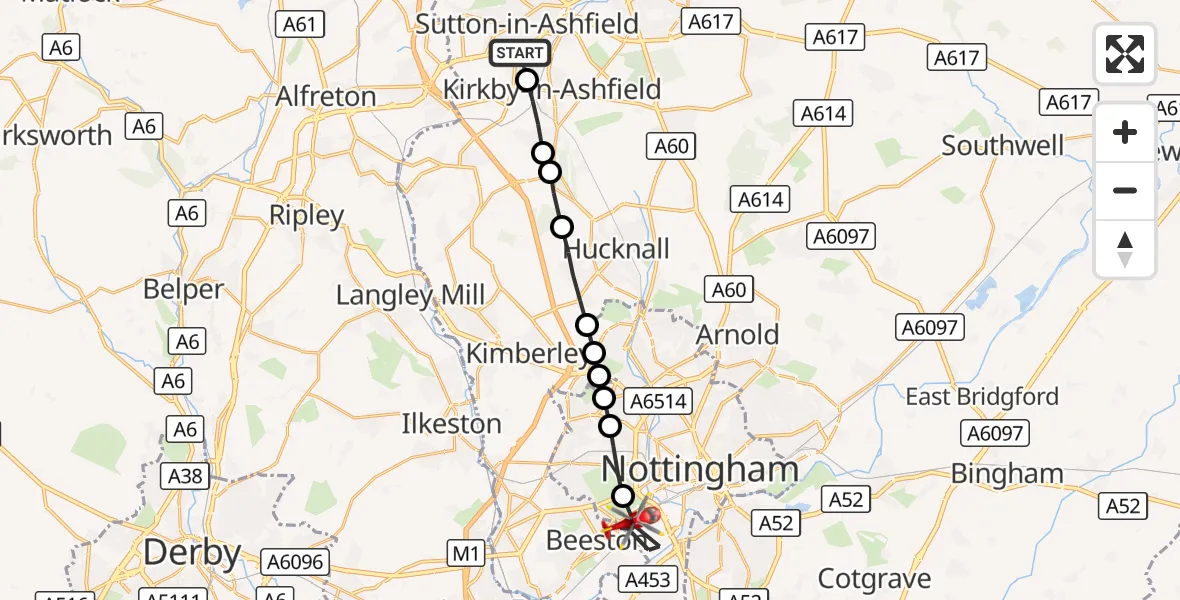 Flight route Air Ambulance Helicopter Sutton in Ashfield - City of Nottingham, 24 September 2026, 11:33