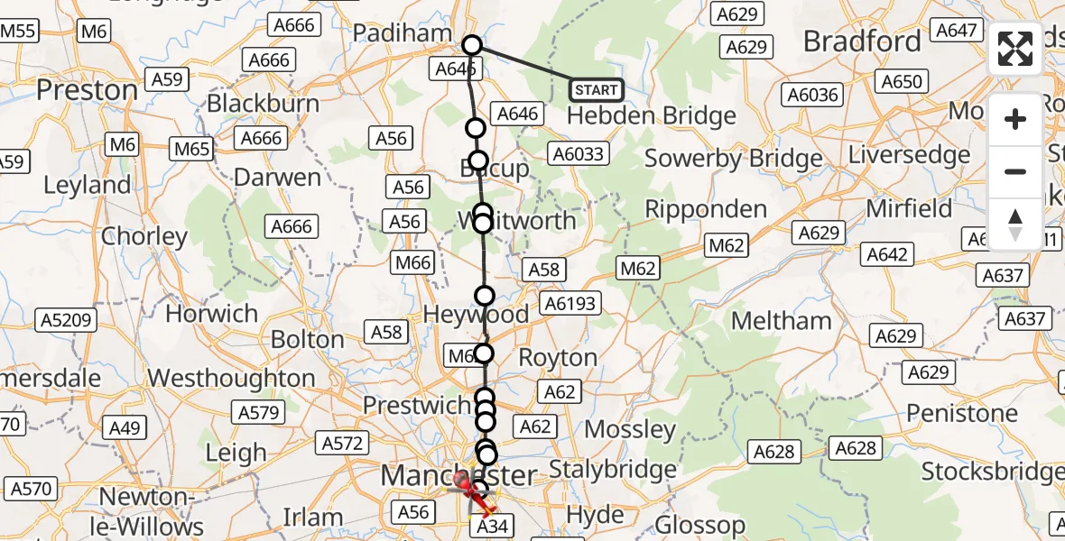 Flight route Air Ambulance Helicopter Blackshaw - Chorlton-on-Medlock, 24 September 2026, 11:41