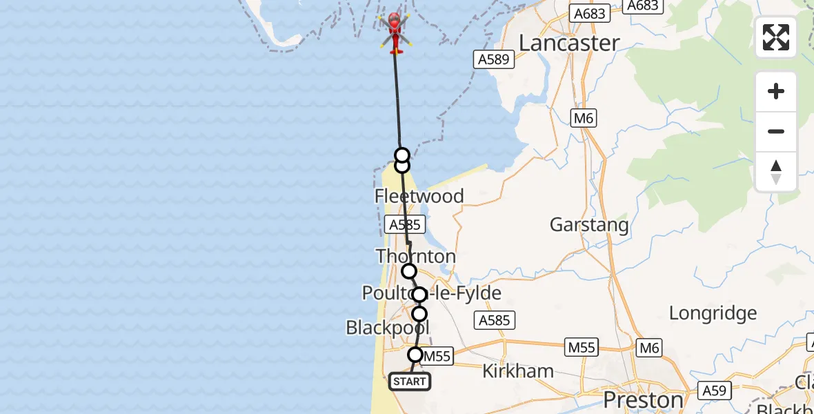 Flight route Air Ambulance Helicopter Blackpool Airport - Fleetwood, 24 September 2026, 11:47