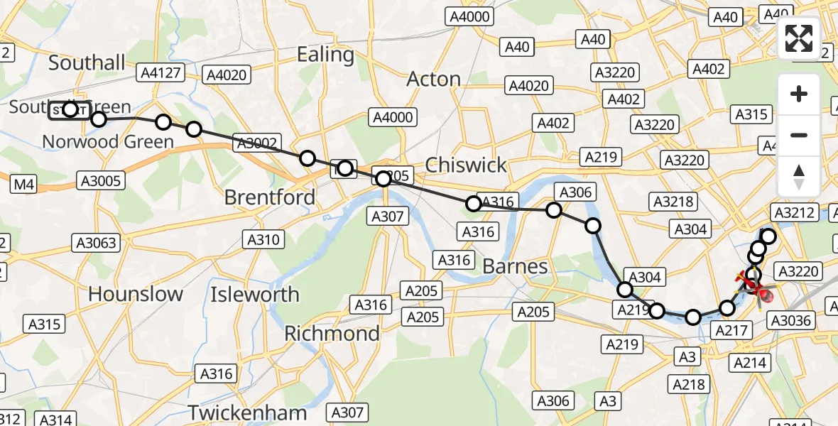 Flight route Air Ambulance Helicopter Southall Chamber of Commerce Office and Conference Room - London Heliport, 24 September 2026, 11:56