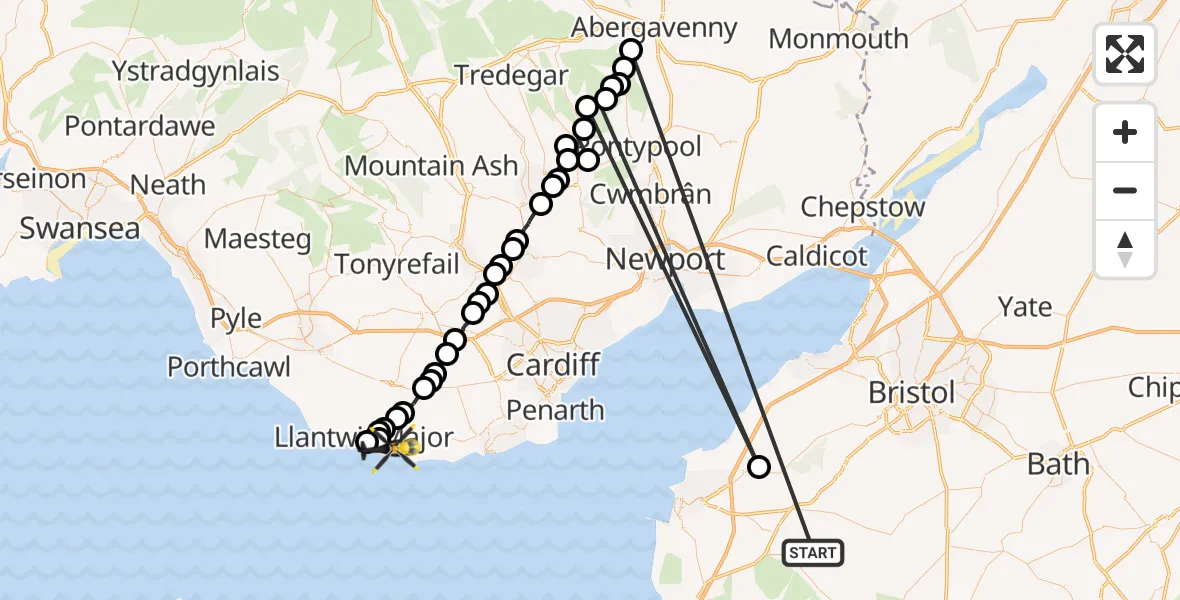 Flight route Police Helicopter Cheddar - MOD St Athan, 24 September 2026, 11:57