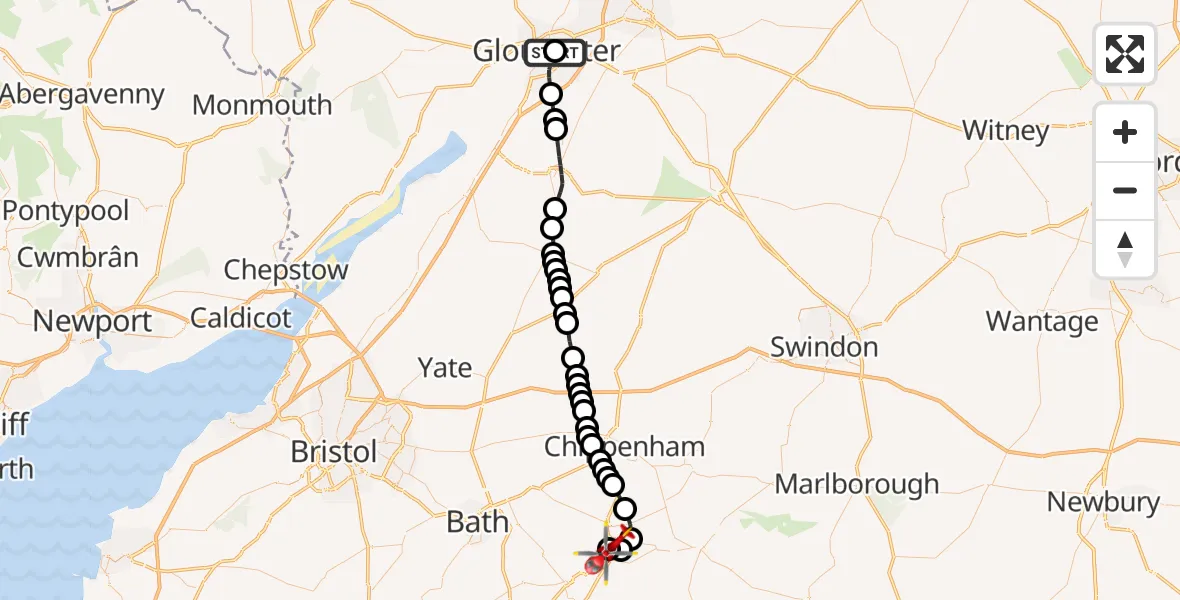Flight route Air Ambulance Helicopter Gloucester Royal Hospital - Wiltshire Air Ambulance, 24 September 2026, 12:05