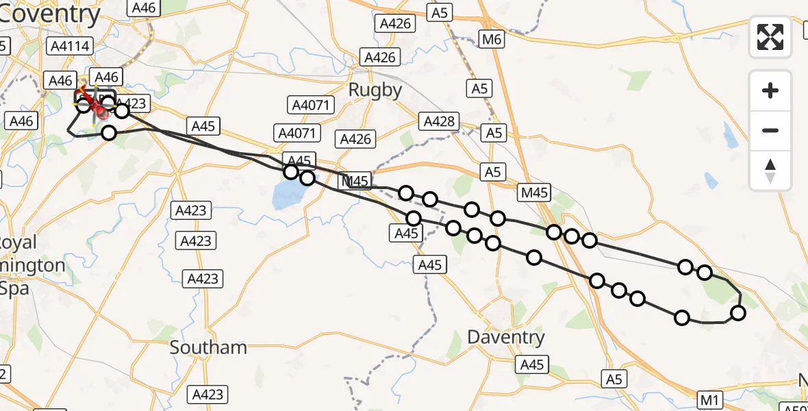 Flight route Air Ambulance Helicopter Coventry Airport - Coventry Airport, 24 September 2026, 12:17