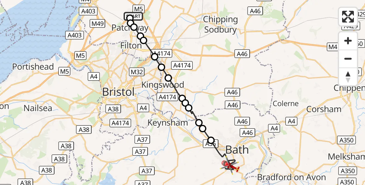 Flight route Air Ambulance Helicopter Patchway - Bath, 24 September 2026, 12:25