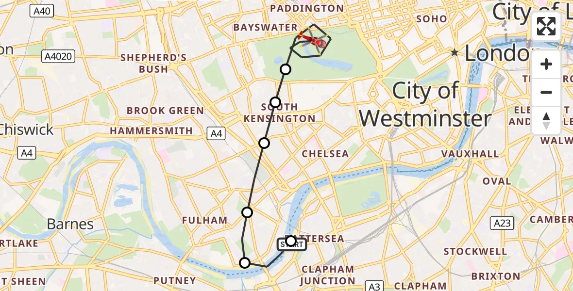 Flight route Air Ambulance Helicopter London Heliport - City of Westminster, 24 September 2026, 12:34