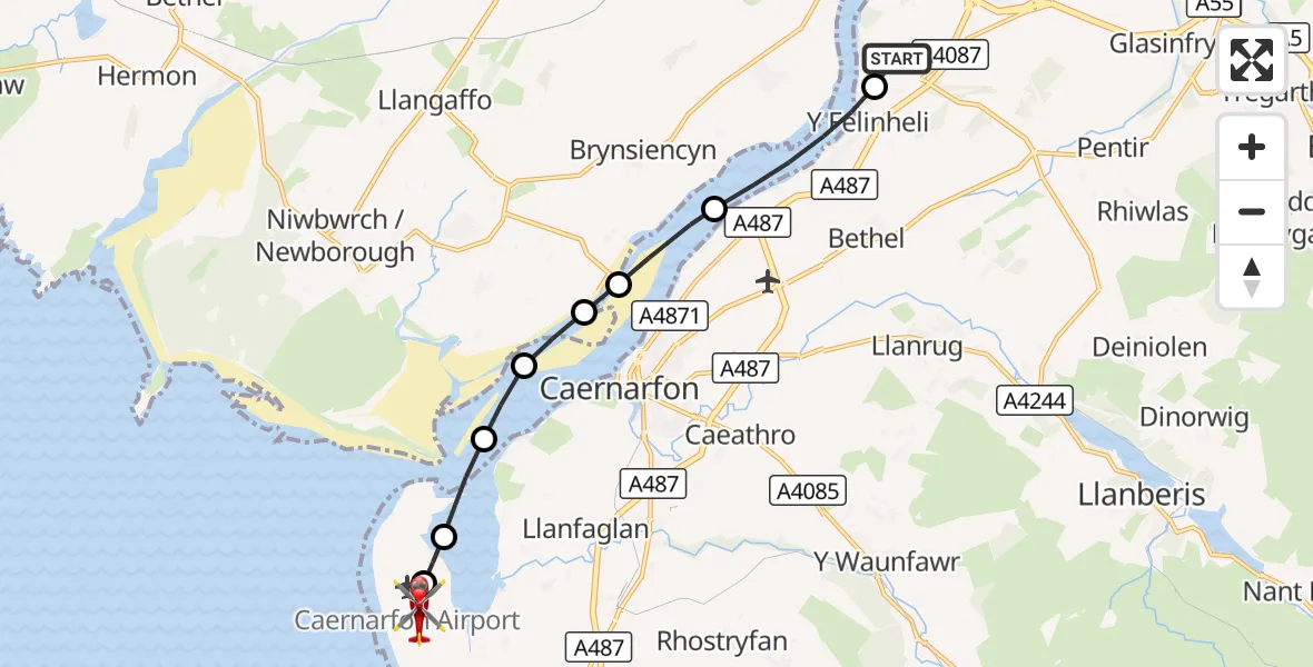 Flight route Air Ambulance Helicopter Aber Pwll - Caernarfon Airport, 24 September 2026, 12:37