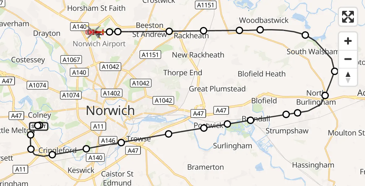 Flight route Air Ambulance Helicopter Norfolk & Norwich Hospital - Norwich Airport, 24 September 2026, 12:37