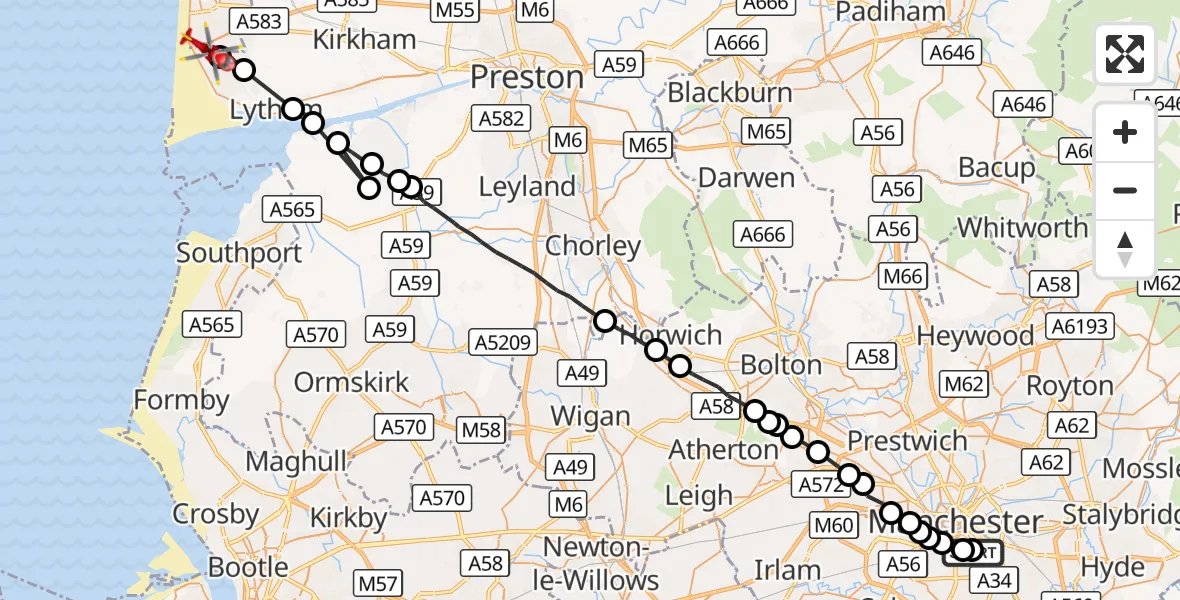 Flight route Air Ambulance Helicopter Ardwick - Blackpool Airport, 24 September 2026, 12:39