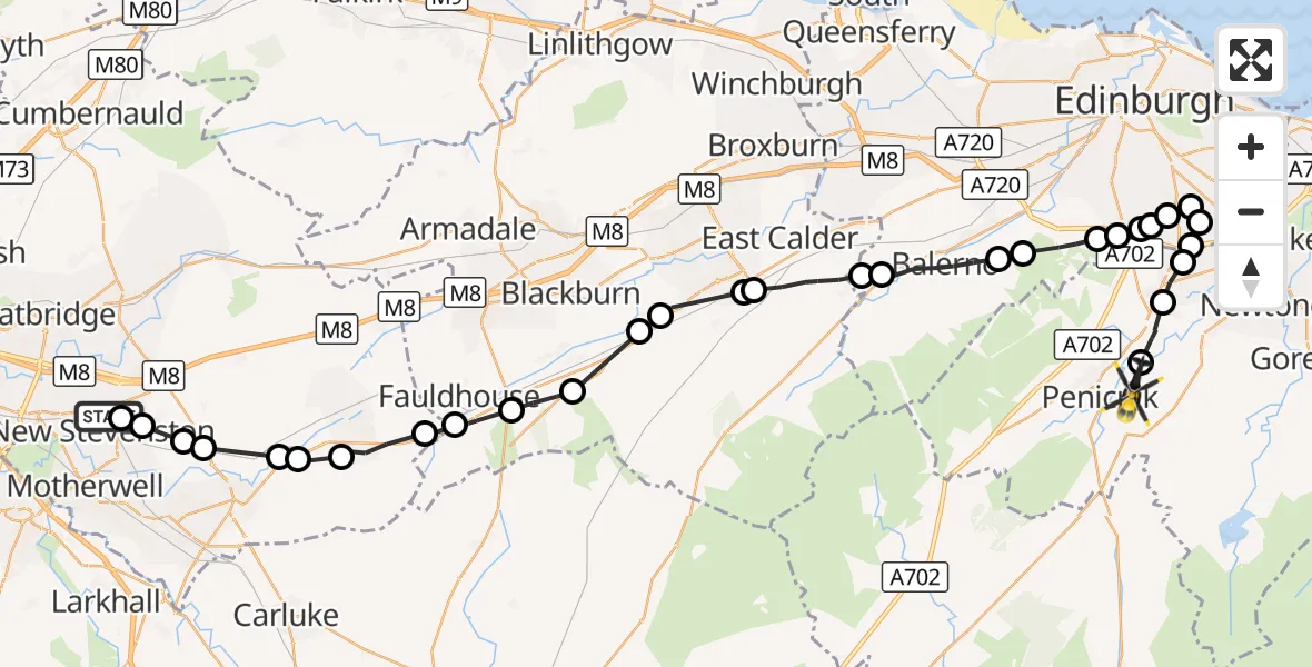 Flight route Police Helicopter Holytown - Auchendinny, 24 September 2026, 12:48