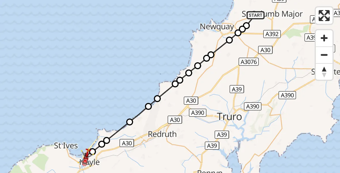 Flight route Air Ambulance Helicopter Cornwall Airport Newquay - Hayle, 24 September 2026, 12:54