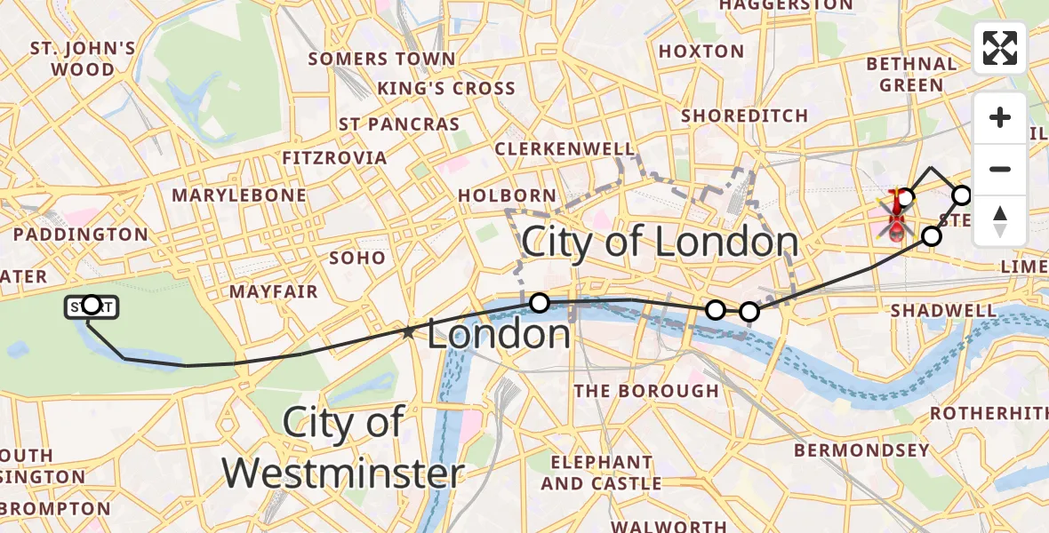 Flight route Air Ambulance Helicopter City of Westminster - Royal London Hospital, 24 September 2026, 12:55