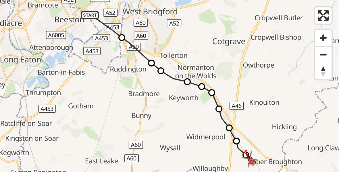 Flight route Air Ambulance Helicopter City of Nottingham - Hickling, 24 September 2026, 12:57