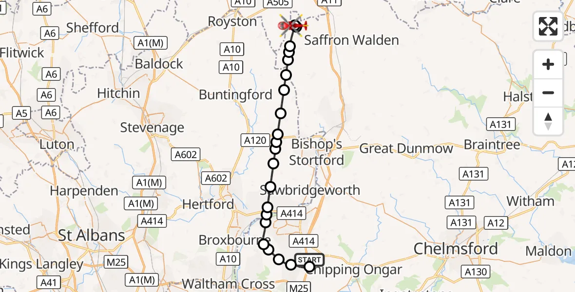 Flight route Air Ambulance Helicopter North Weald Airfield - Chrishall, 24 September 2026, 13:12