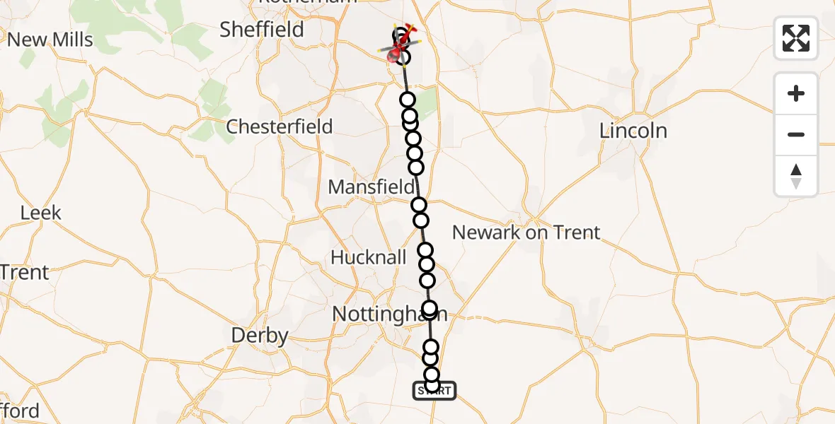 Flight route Air Ambulance Helicopter Nottingham Heliport - Carlton in Lindrick, 24 September 2026, 13:41