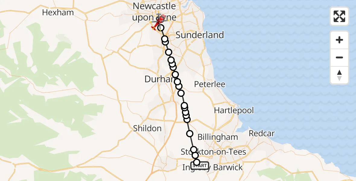 Flight route Air Ambulance Helicopter Egglescliffe - Gateshead, 24 September 2026, 13:41