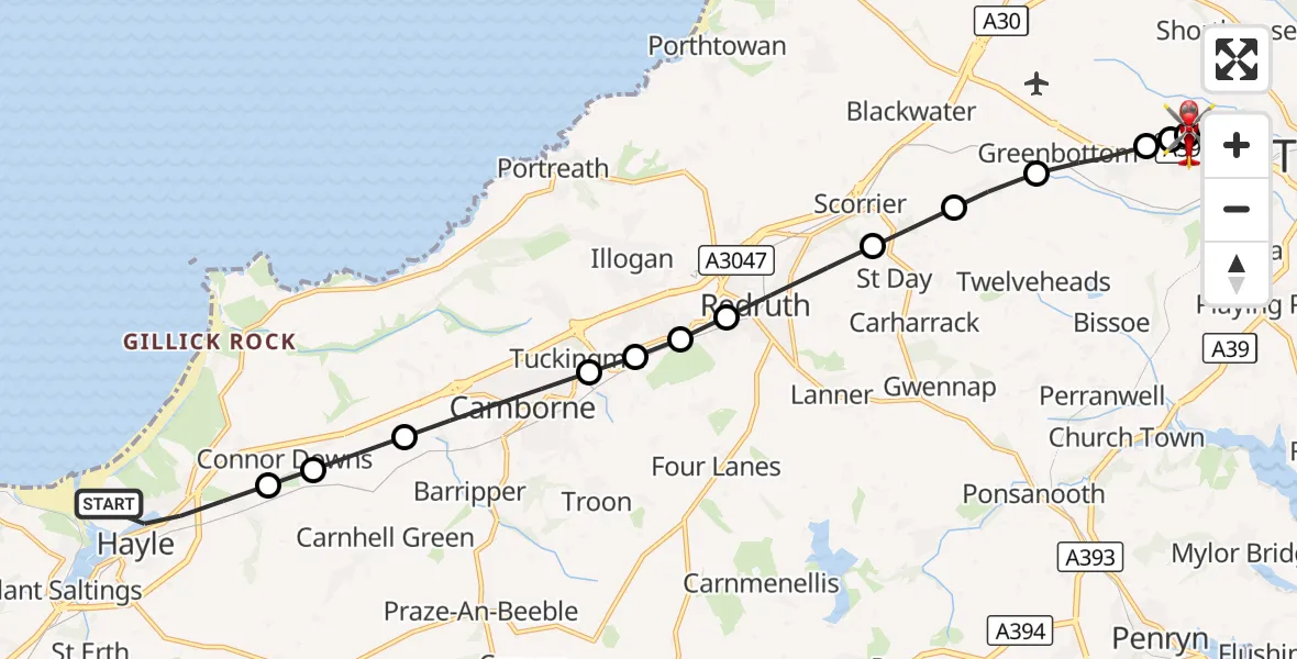Flight route Air Ambulance Helicopter Hayle - Treliske Hospital, 24 September 2026, 13:46
