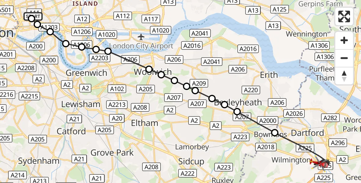 Flight route Air Ambulance Helicopter Royal London Hospital - Dartford, 24 September 2026, 13:51
