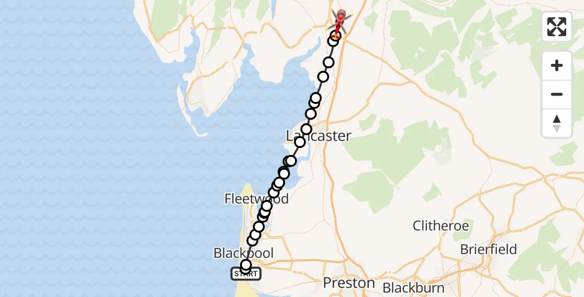 Flight route Air Ambulance Helicopter Blackpool Airport - Hincaster, 24 September 2026, 13:58