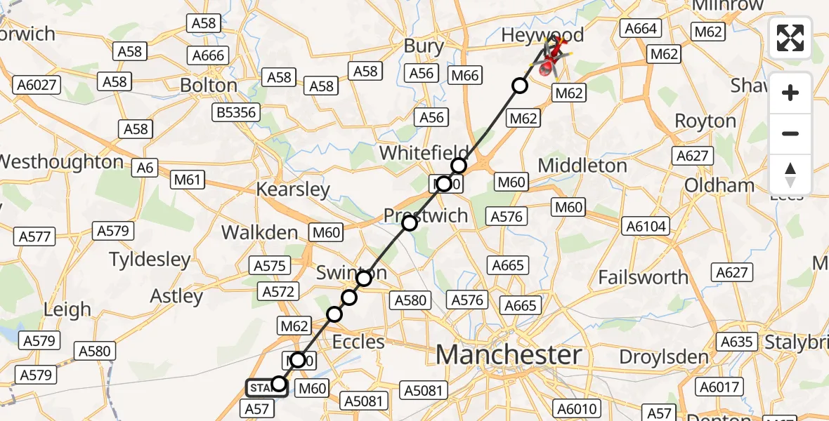 Flight route Air Ambulance Helicopter Manchester Barton Aerodrome - Heywood, 24 September 2026, 14:20