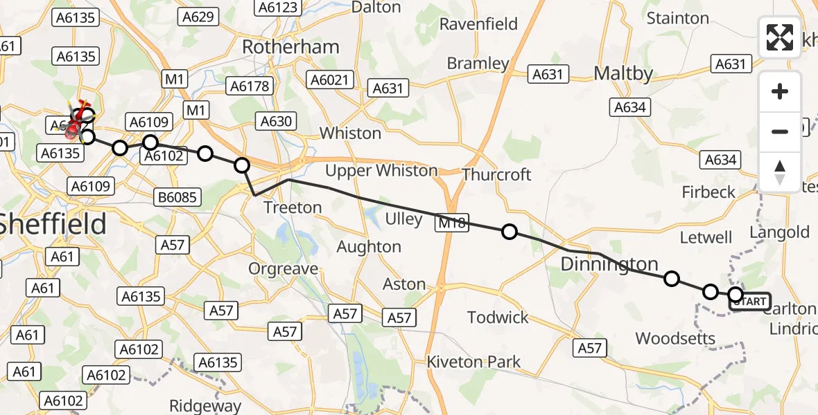 Flight route Air Ambulance Helicopter Dinnington - Sheffield Northern Hospital, 24 September 2026, 14:21