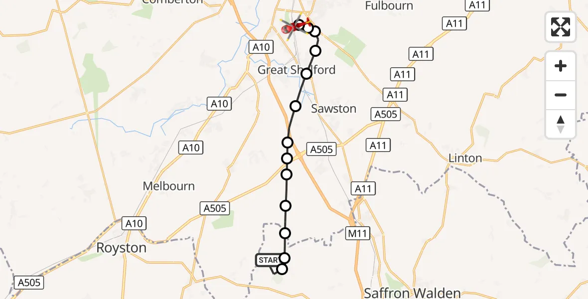 Flight route Air Ambulance Helicopter Chrishall - Papworth Hospital, 24 September 2026, 14:22