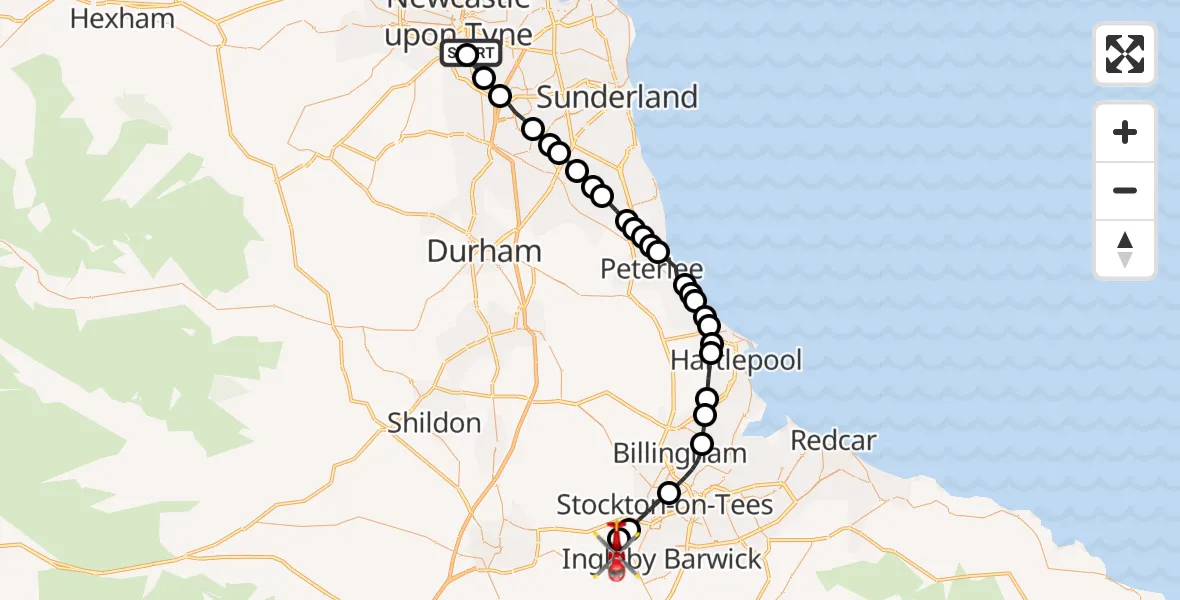 Flight route Air Ambulance Helicopter Gateshead - Egglescliffe, 24 September 2026, 14:31