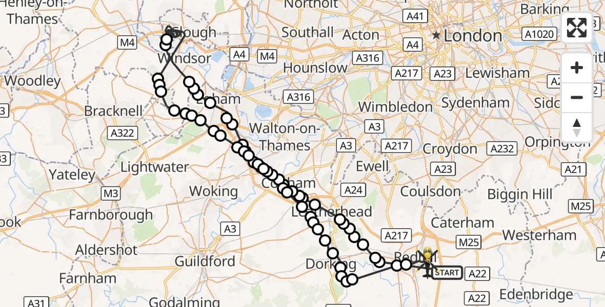 Flight route Police Helicopter Tandridge - Redhill, 24 September 2026, 14:39